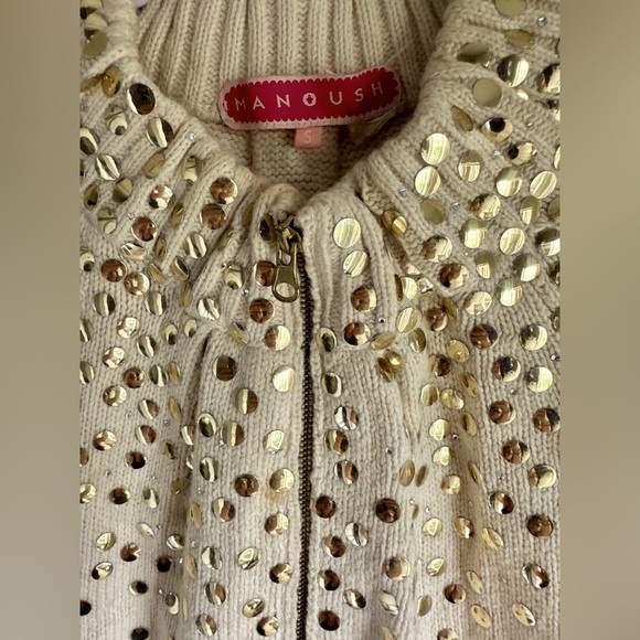 Y2K MANOUSCH CREAM WOOL BLEND EMBELLISHED OVERSIZED ZIP CARDIGAN - Picture 5 of 9